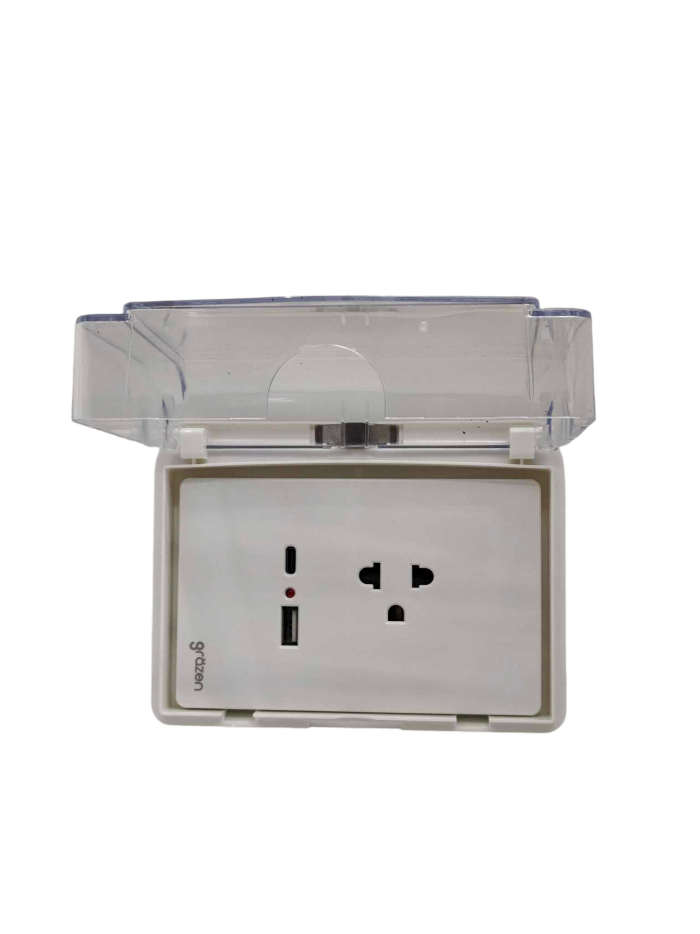 Grazen universal outlet with USB-C and USB-A featuring protective cover for safe charging