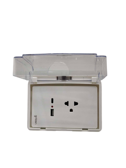 Grazen universal outlet with USB-C and USB-A featuring protective cover for safe charging
