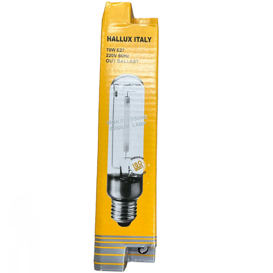 Hallux 70W High Pressure Sodium E27 bulb in yellow packaging for high intensity discharge lighting