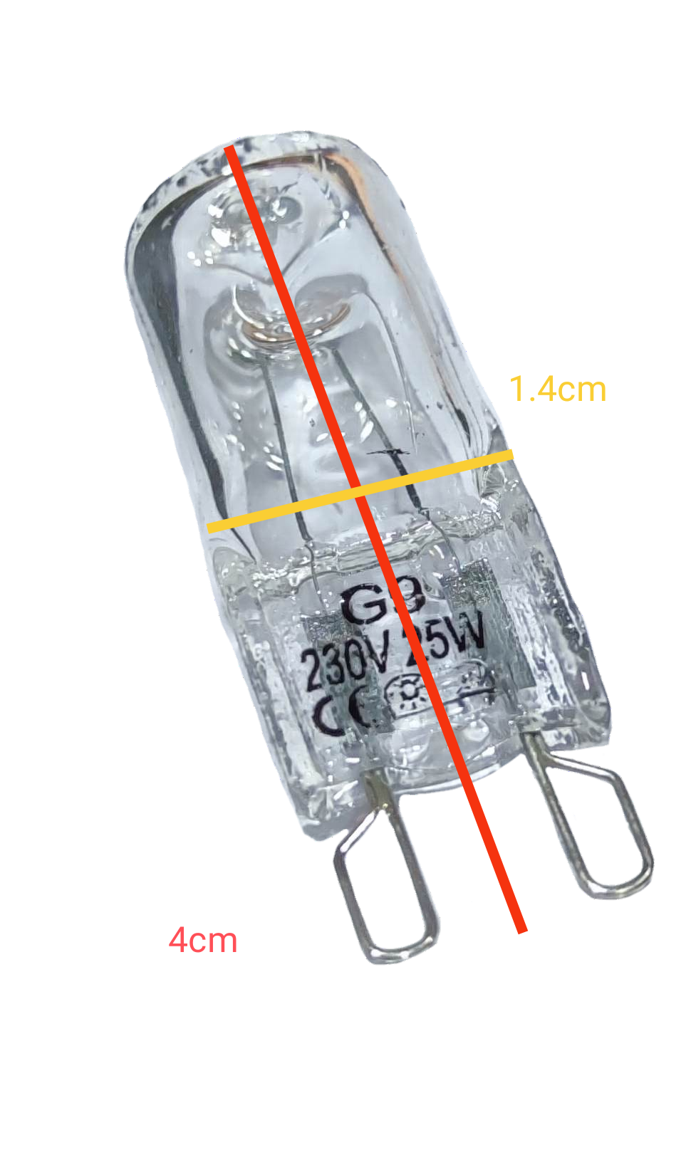Denko 25W 220V G9 Halogen Bulb with clear glass and dual pin base measuring 4cm by 1.4cm