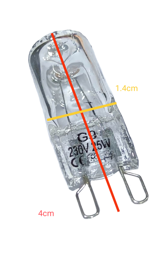 Denko 25W 220V G9 Halogen Bulb with clear glass and dual pin base measuring 4cm by 1.4cm