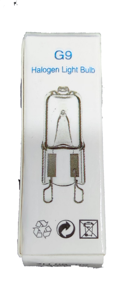 Denko 25W 220V G9 Halogen Bulb packaging showing bulb illustration and recycling symbols
