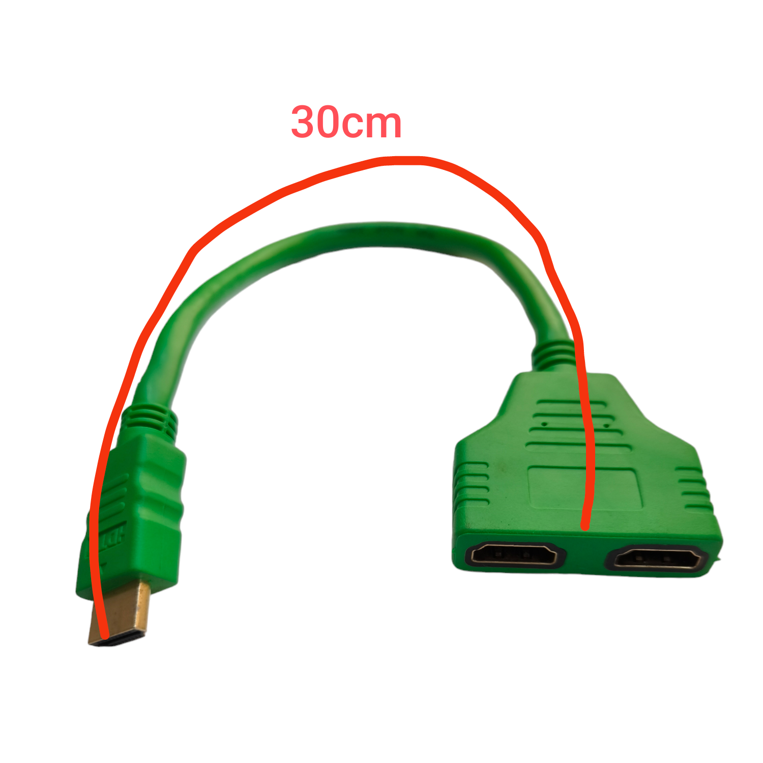 Green HDMI splitter 1 to 2 cable, 30cm long, for connecting multiple devices easily