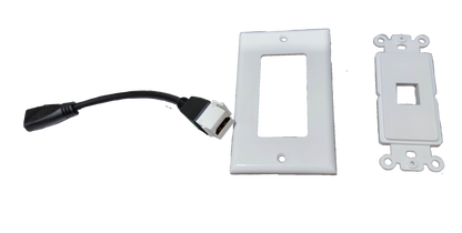 Grippes HDMI wall outlet with cord plated in white with mounting plate and wall cover for easy installation