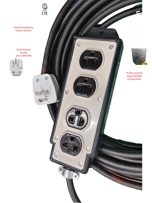 Heavy duty 4 gang extension cord with durable black cable and multiple power outlets