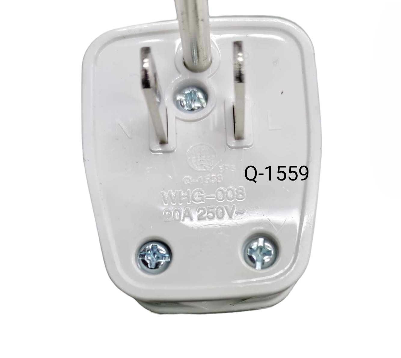 Close-up of heavy duty 4 gang extension cord white plug with two metal prongs and screw details