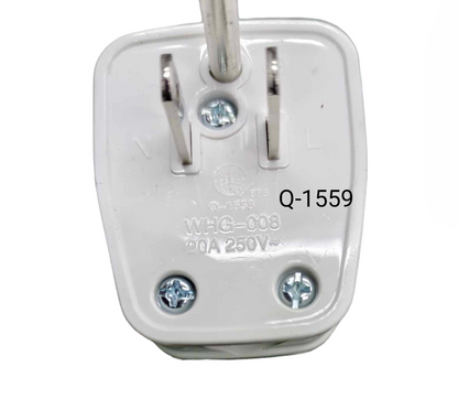 Close-up of heavy duty 4 gang extension cord white plug with two metal prongs and screw details