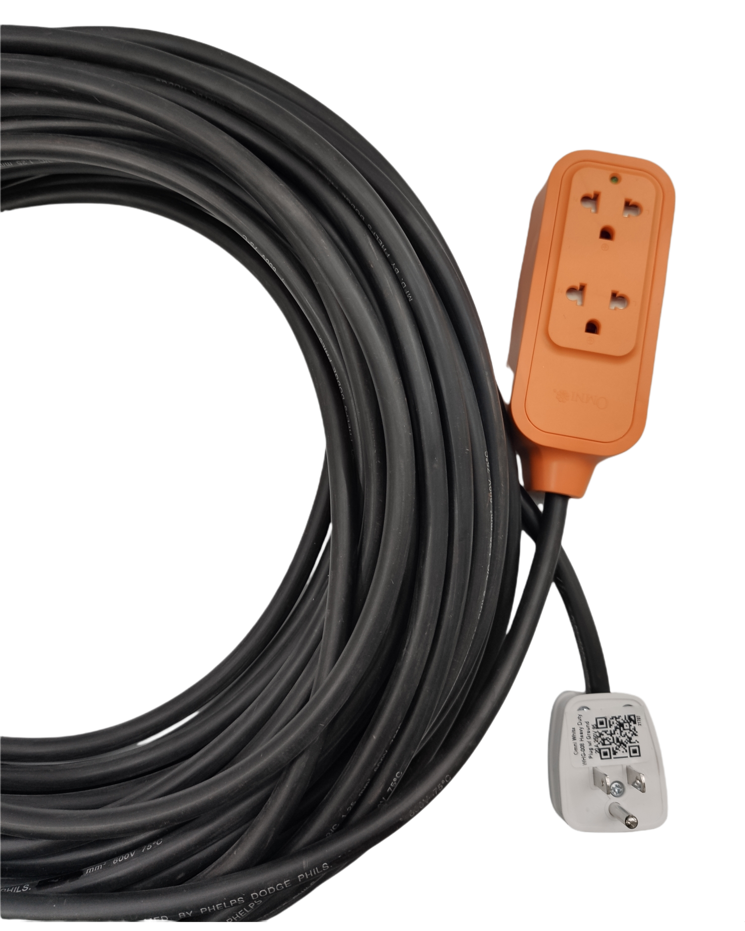 Omni and Phelps Dodge heavy duty extension cord 15A with orange multi-plug power strip on black background