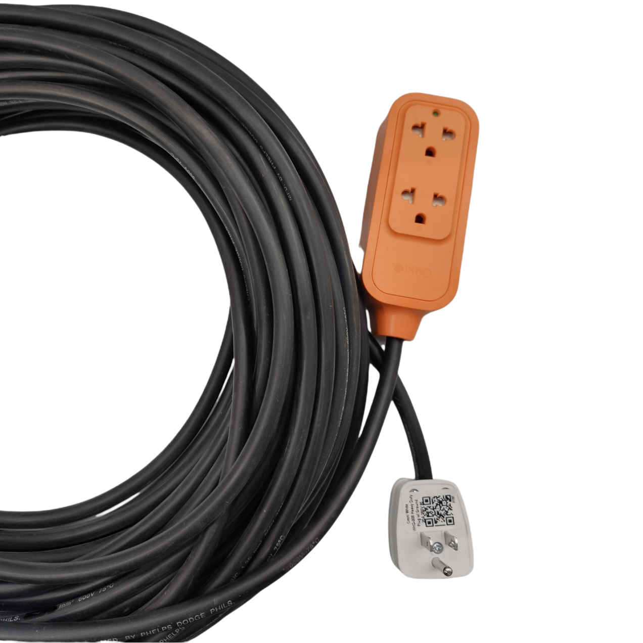 Omni heavy duty extension cord 15A with four outlets and a long, durable cable for outdoor use