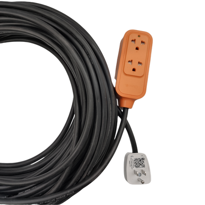 Omni heavy duty extension cord 15A with four outlets and a long, durable cable for outdoor use