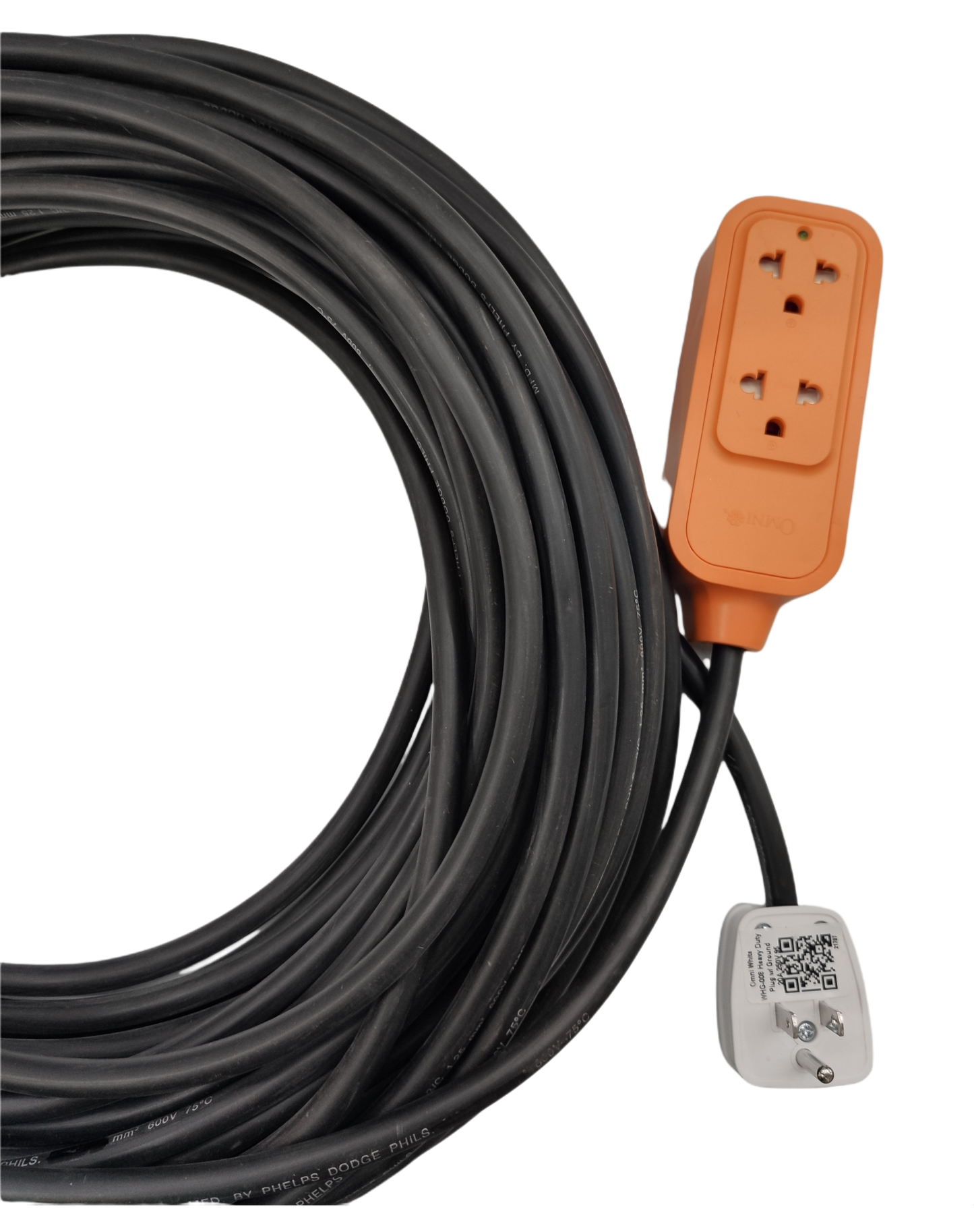 Omni and Phelps Dodge heavy duty extension cord 15A with orange power strip and long black cable