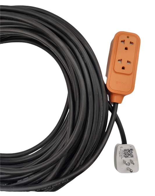Omni and Phelps Dodge heavy duty extension cord 15A with orange power strip and long black cable