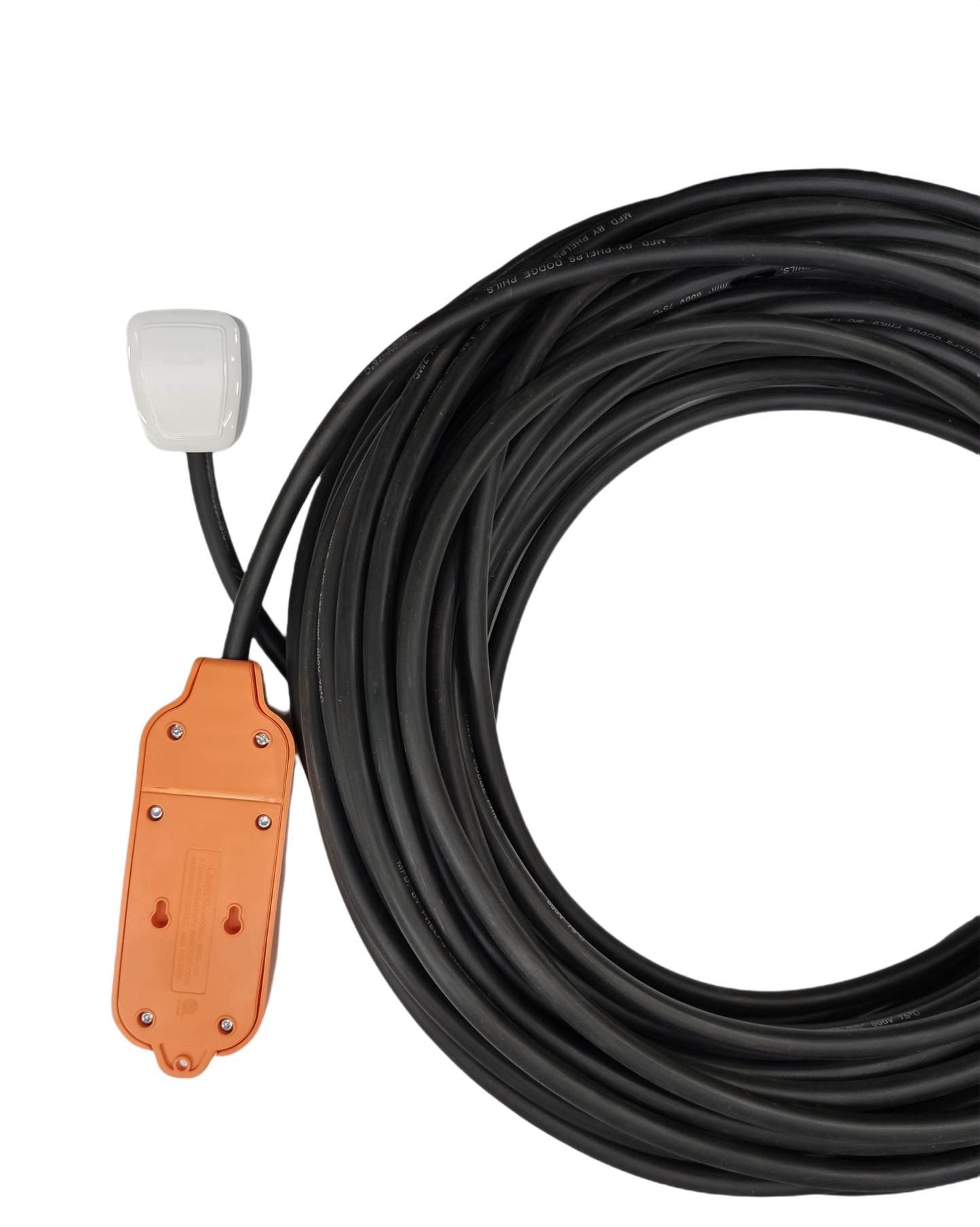 Heavy duty extension cord 15A with orange outlet and long black cable for industrial use