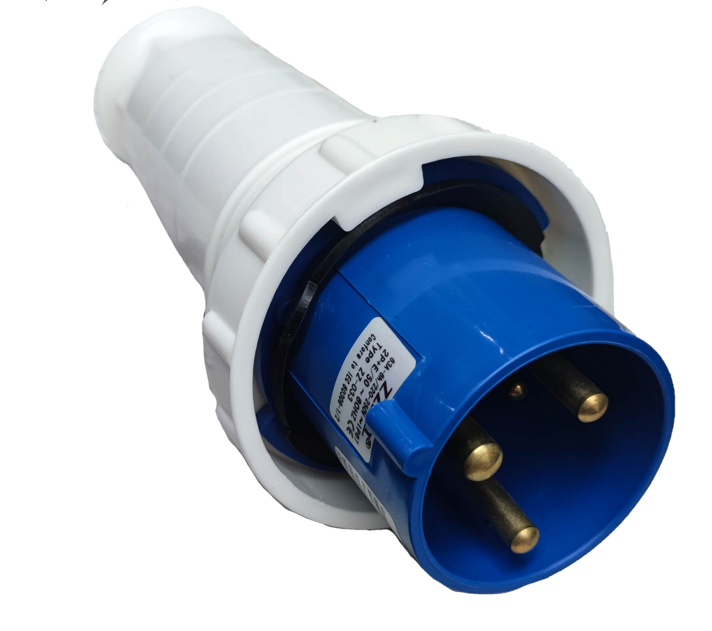 Grippes heavy duty industrial outlet plug with blue body and white casing for secure electrical connections