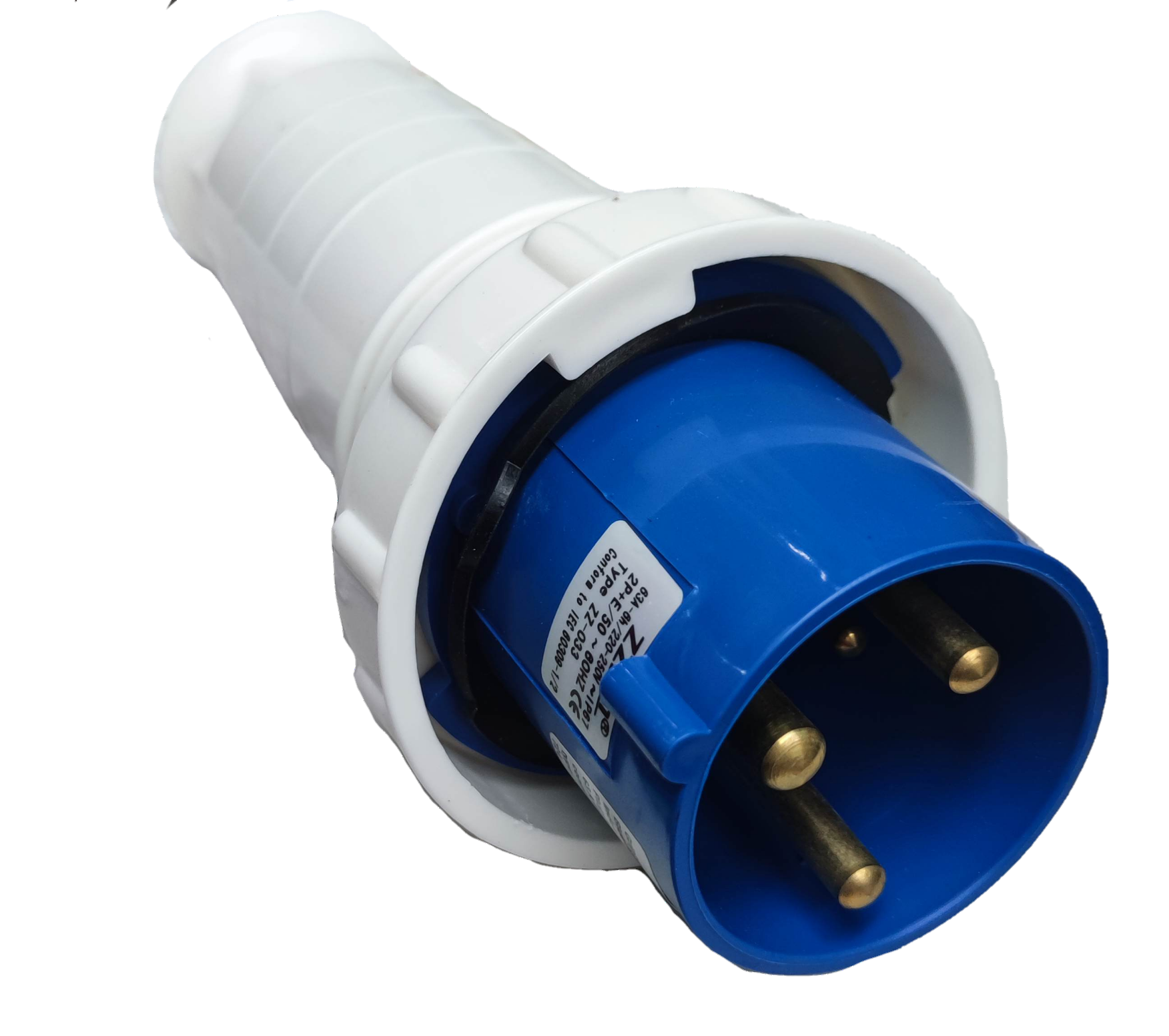 Grippes heavy duty industrial outlet plug with blue body and white casing for secure electrical connections