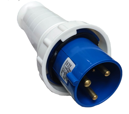 Grippes heavy duty industrial outlet plug with blue body and white casing for secure electrical connections