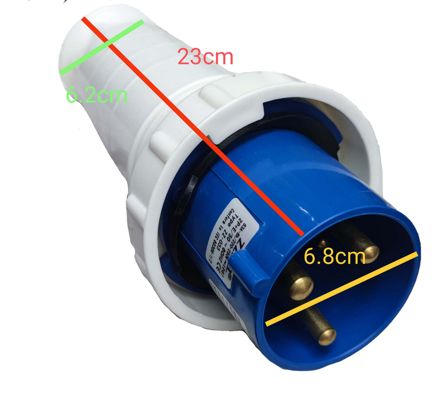 Grippes heavy duty industrial outlet plug with blue and white body and three gold pins