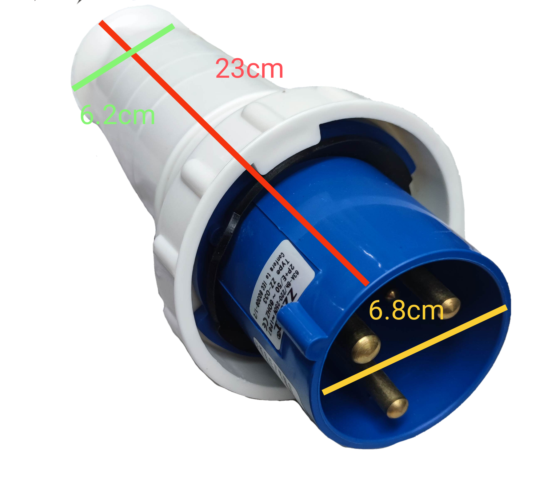 Grippes heavy duty industrial outlet plug with blue and white body and three gold pins