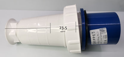 Grippes heavy duty industrial outlet plug with blue and white durable casing for electrical circuitry