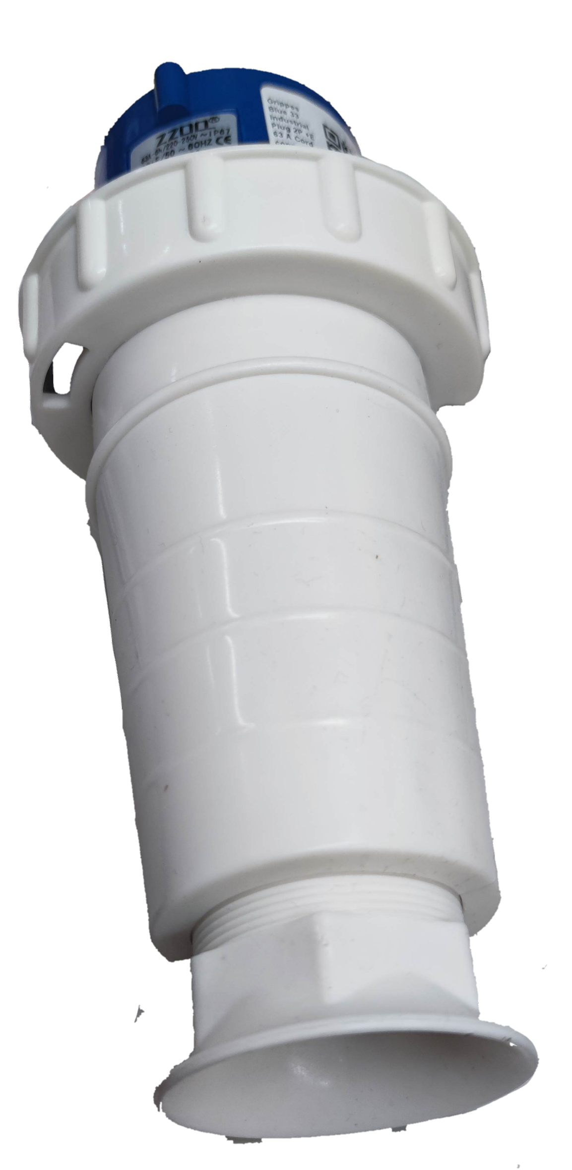 Grippes heavy duty industrial outlet plug with durable white and blue casing for electrical circuitry