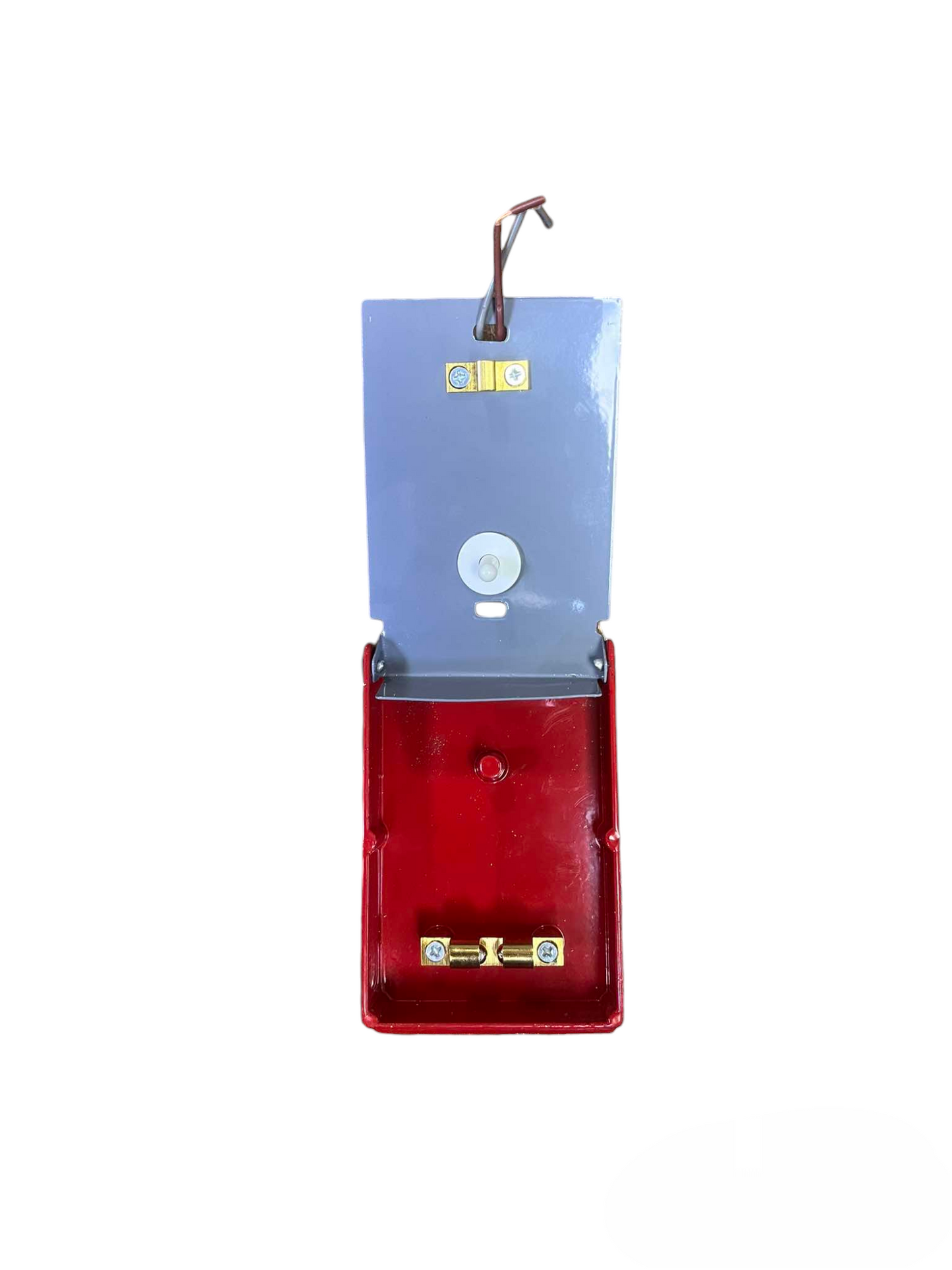 Hellux 220V fire alarm pull switch in red and gray metal casing with wiring and mounting components