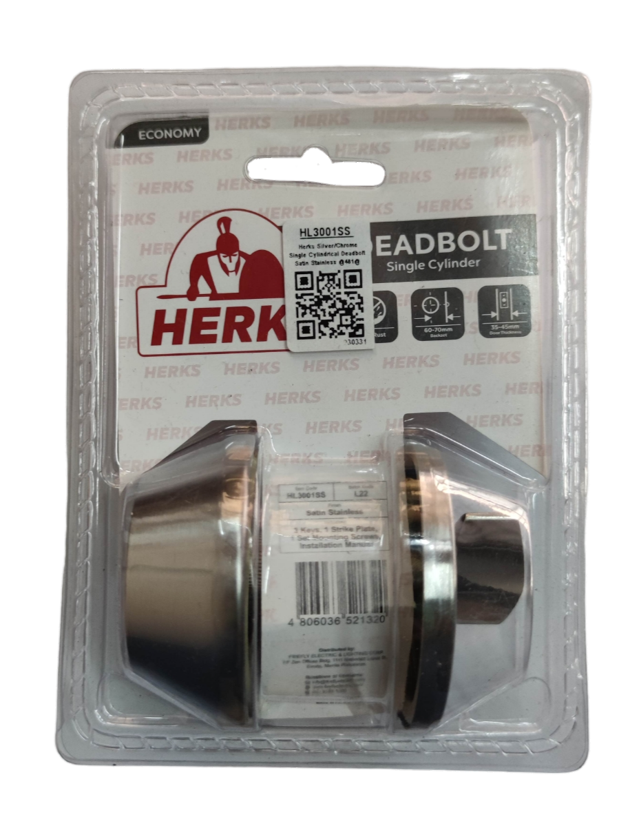HL3001SS security door lock by Herks featuring a durable single cylinder design in a clear packaging
