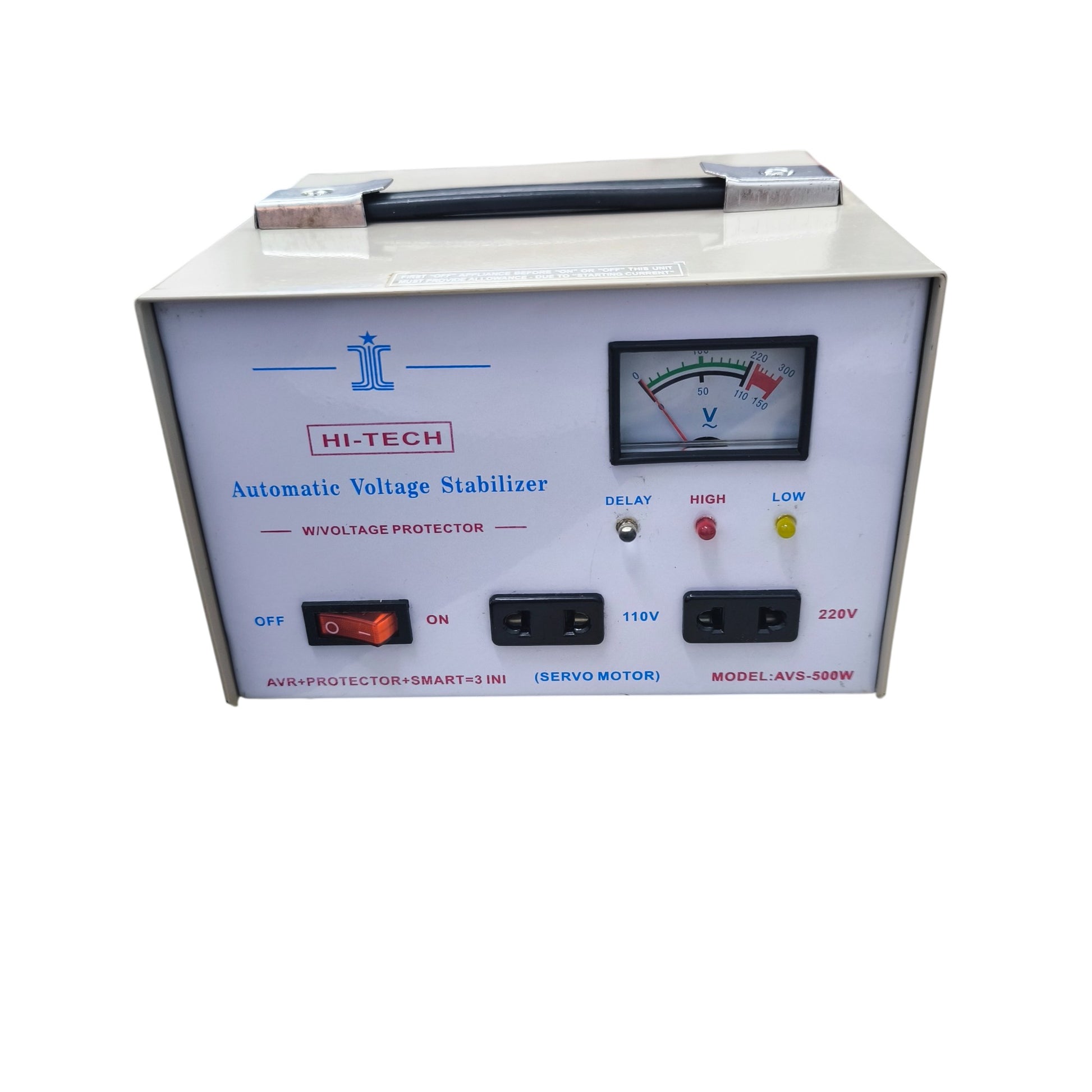 Hi-Tech 500W Automatic Voltage Regulator with voltage stabilizer, analog meter, and power switches