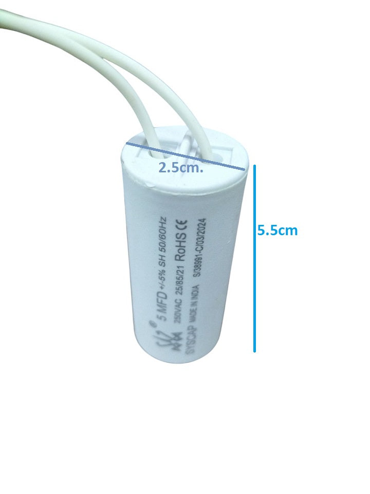 High Quality 5 MFD 250V Capacitor by Syscap with measurement markings showing 5.5cm height and 2.5cm diameter