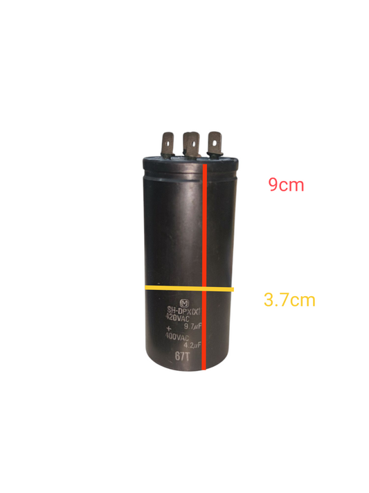 High voltage dual run capacitor 420V 400V with dimensions 9cm height and 3.7cm diameter