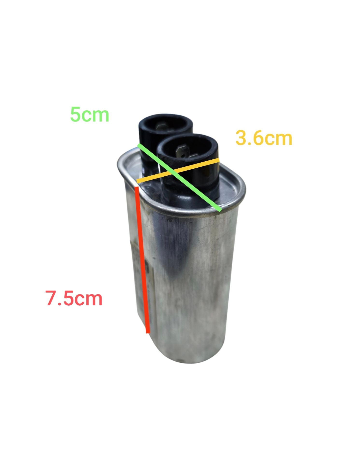 High voltage microwave capacitor by Electx Electrical Supply, measuring 5cm x 3.6cm x 7.5cm for efficient cooking equipment