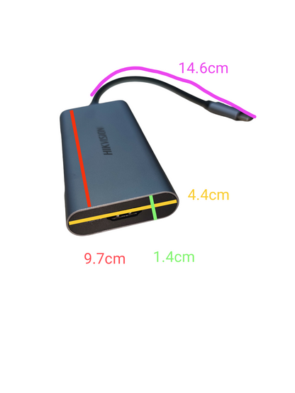 Compact USB-C to Multi-port Hub with built-in cable showing detailed dimensions for versatile connectivity