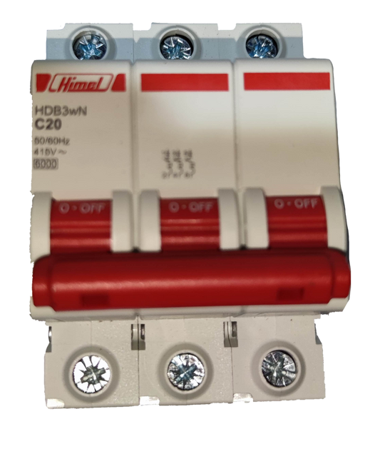 Himel 20A 3 6 Kaic 3 pole circuit breaker white with red switch for electrical protection