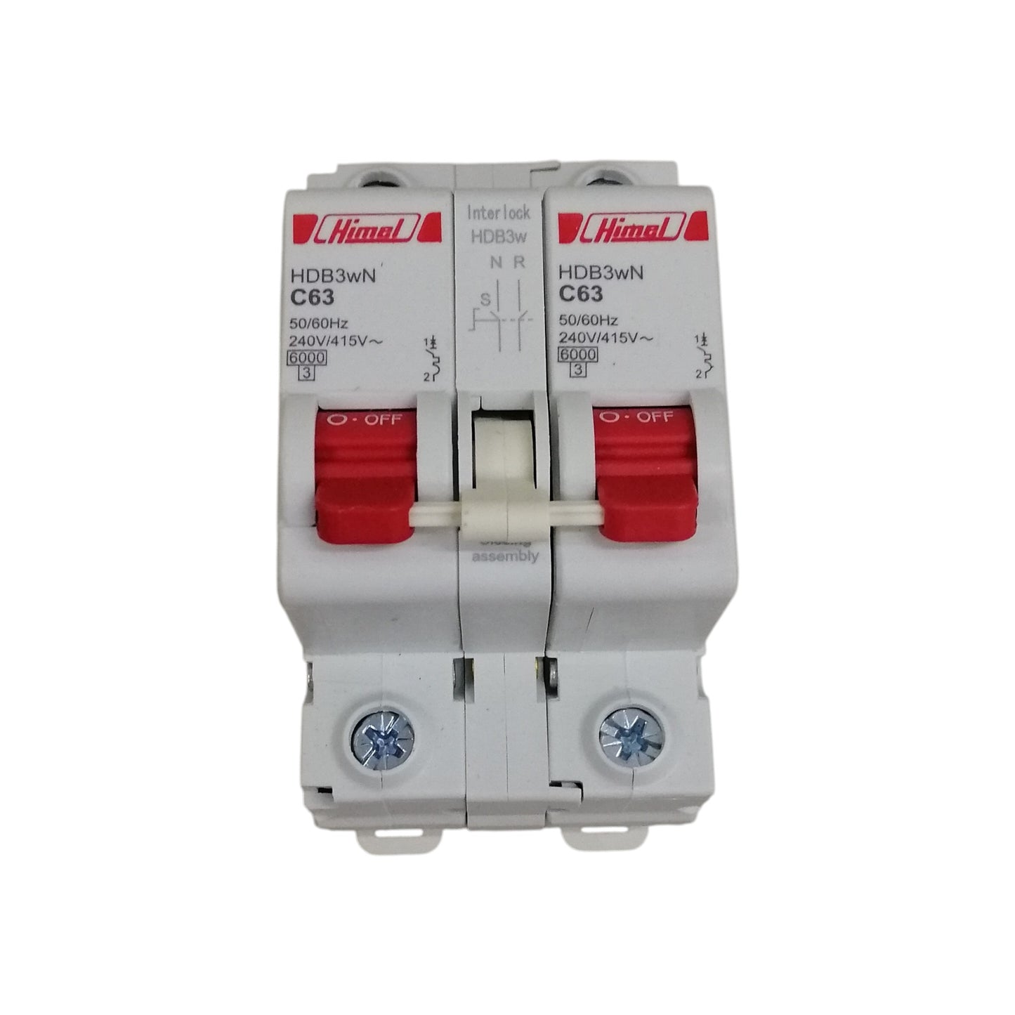 Himel two pole white manual transfer switch 63A dual red levers C63 circuit breaker with interlock