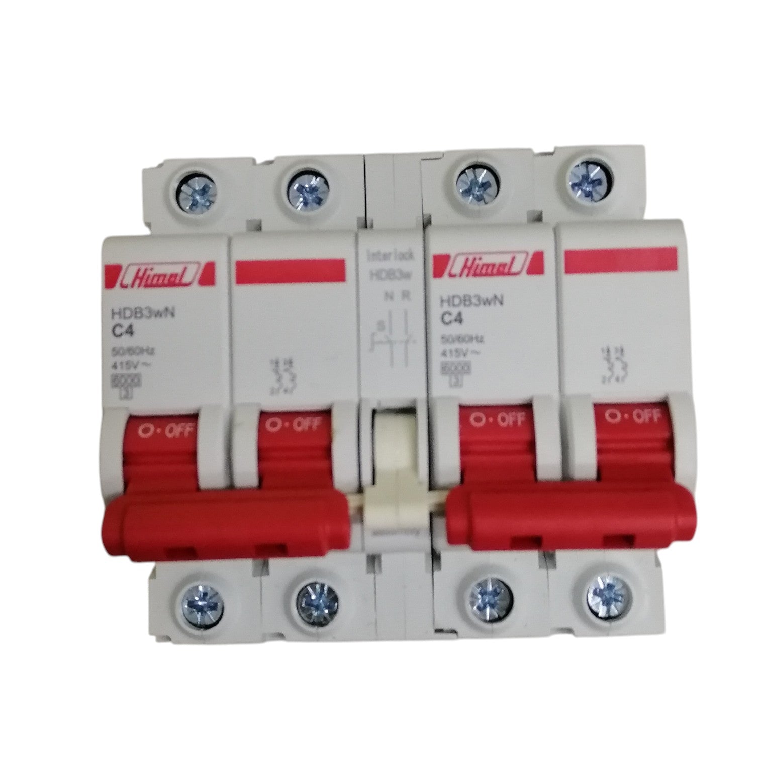 Himel MTS breaker 4A for industrial use. White dual pole circuit breaker with red switches and visible terminal screws