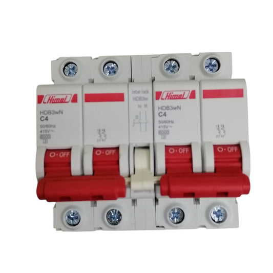 Himel MTS breaker 4A for industrial use. White dual pole circuit breaker with red switches and visible terminal screws