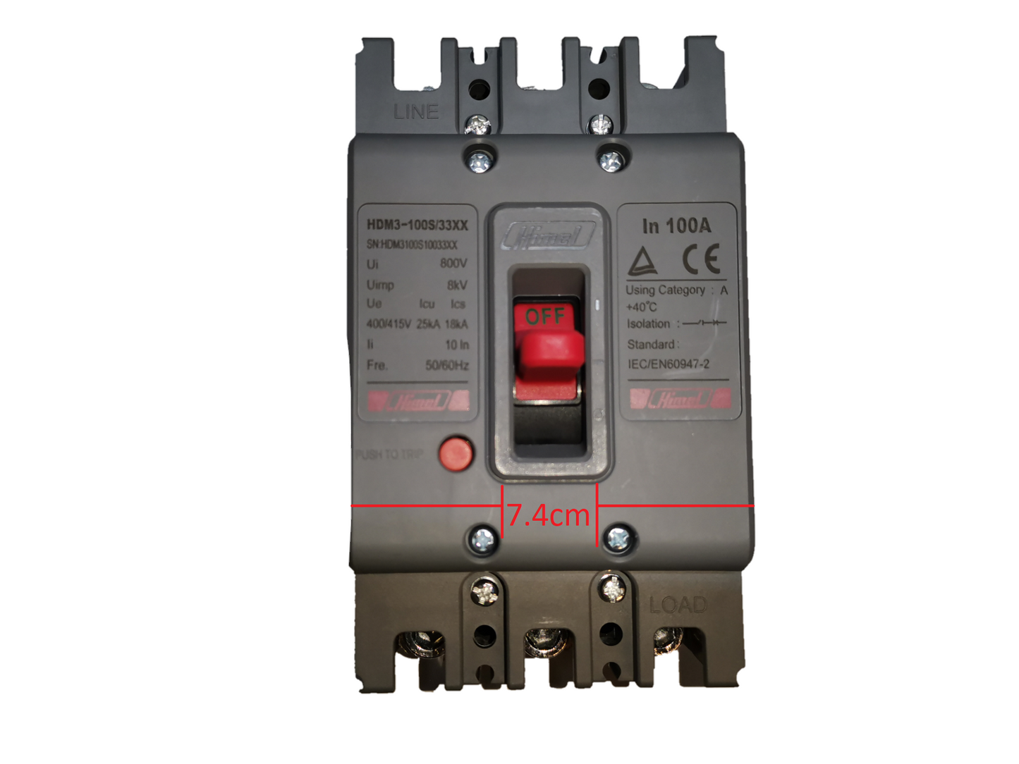 Himel 100A 3 Phase 3 Pole MCCB circuit breaker with red switch and technical specifications