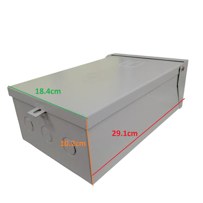 Himel 16A outdoor circuit breaker in a durable gray enclosure with dimensions 29.1cm x 18.4cm x 10.2cm