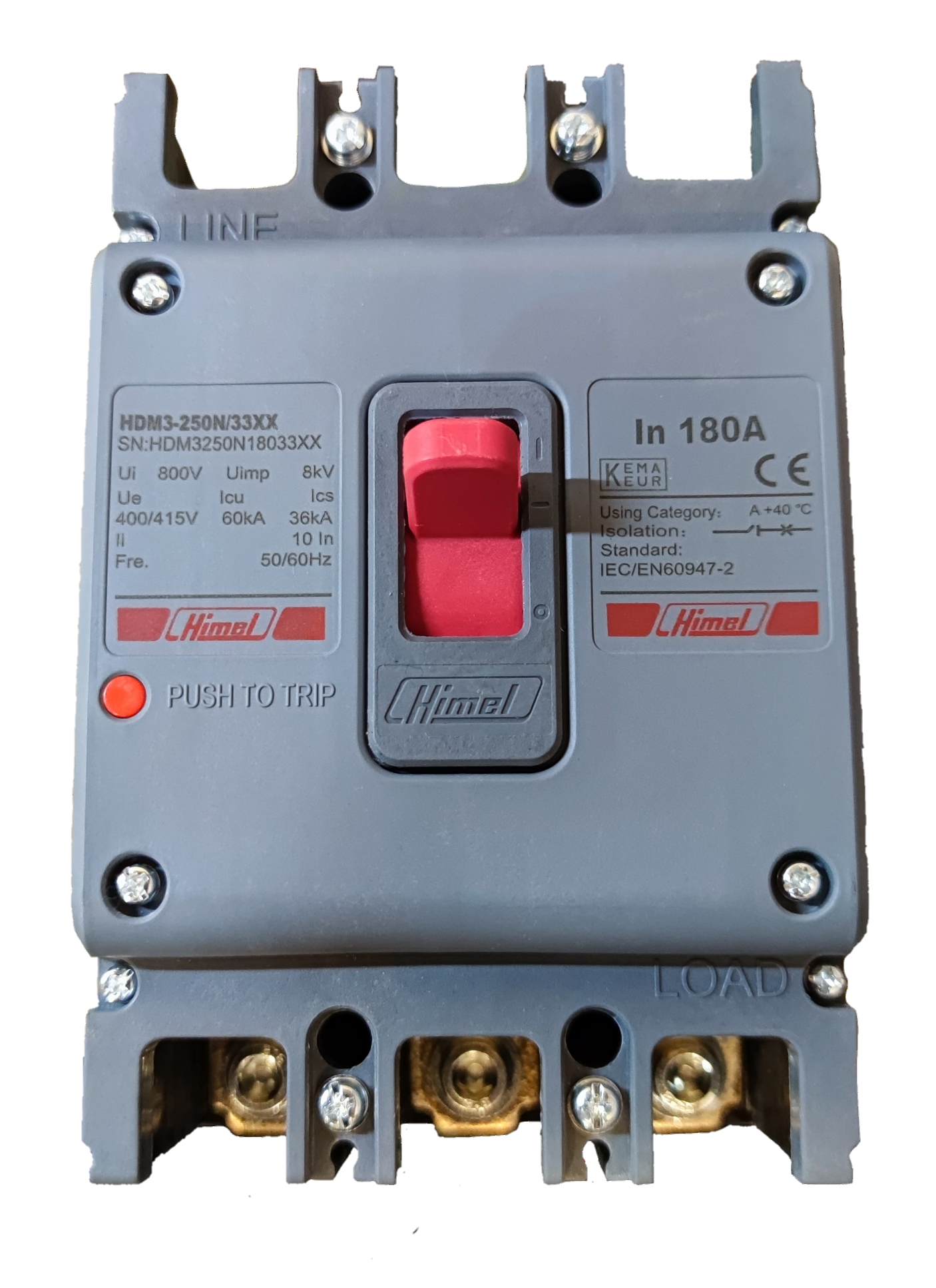 Himel 180A MCCB Industrial Circuit Breaker 3P molded case with red trip switch and brass terminals
