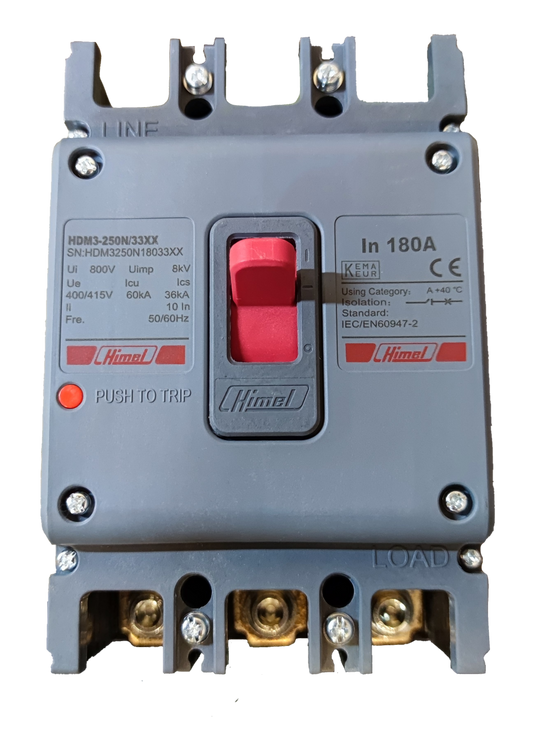 Himel 180A MCCB Industrial Circuit Breaker 3P molded case with red trip switch and brass terminals