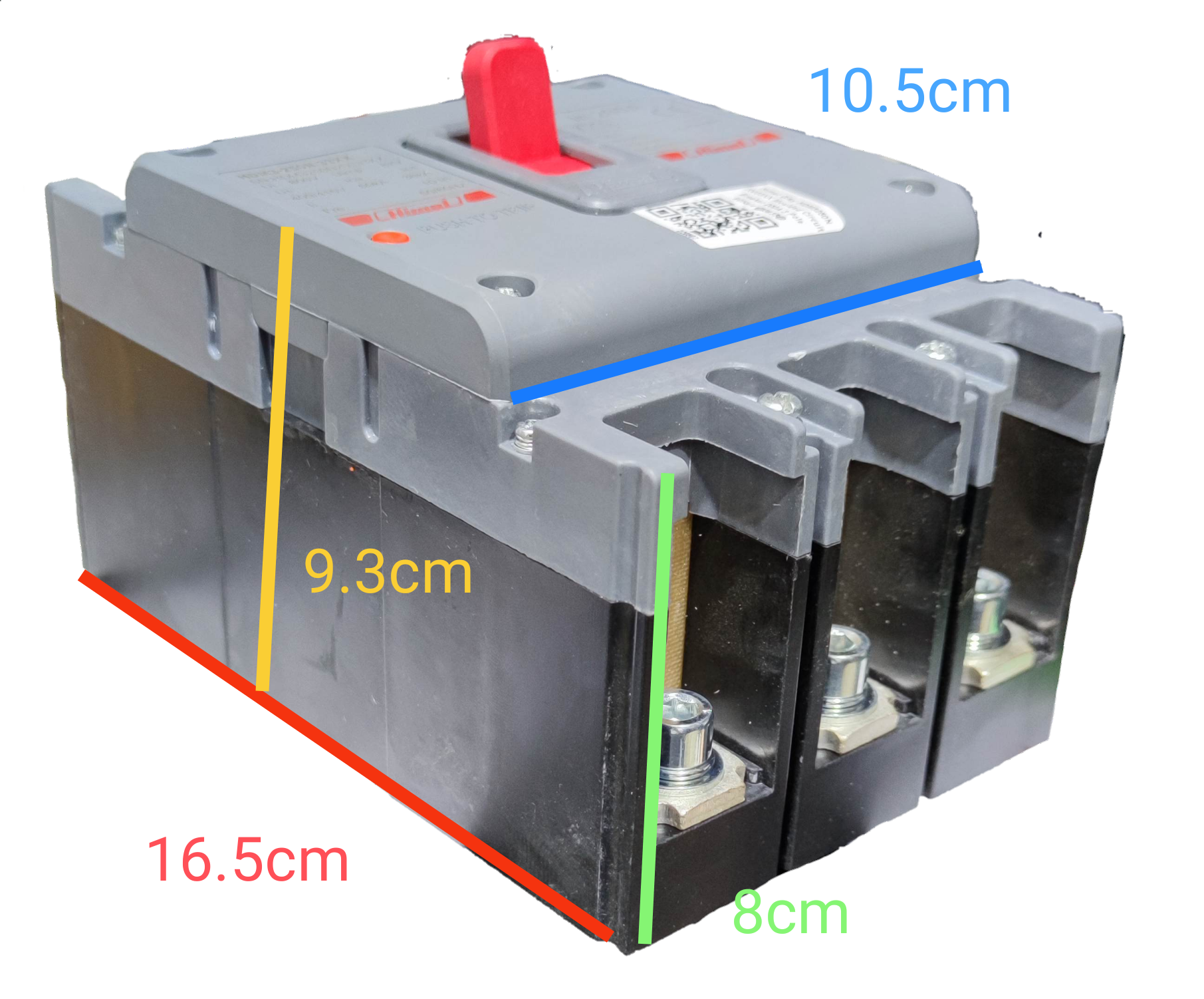 Himel 200A industrial circuit breaker with three terminals and red switch lever