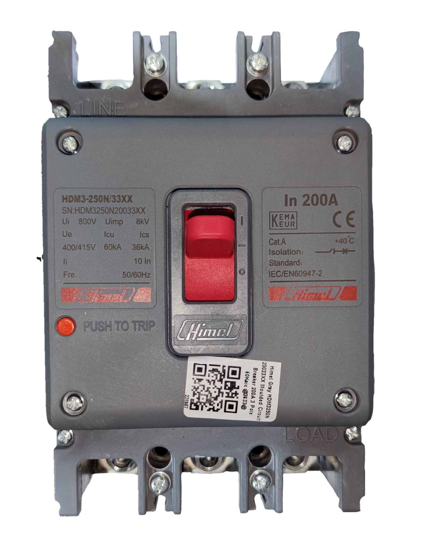 Himel 200A industrial circuit breaker with red switch and detailed specification labels