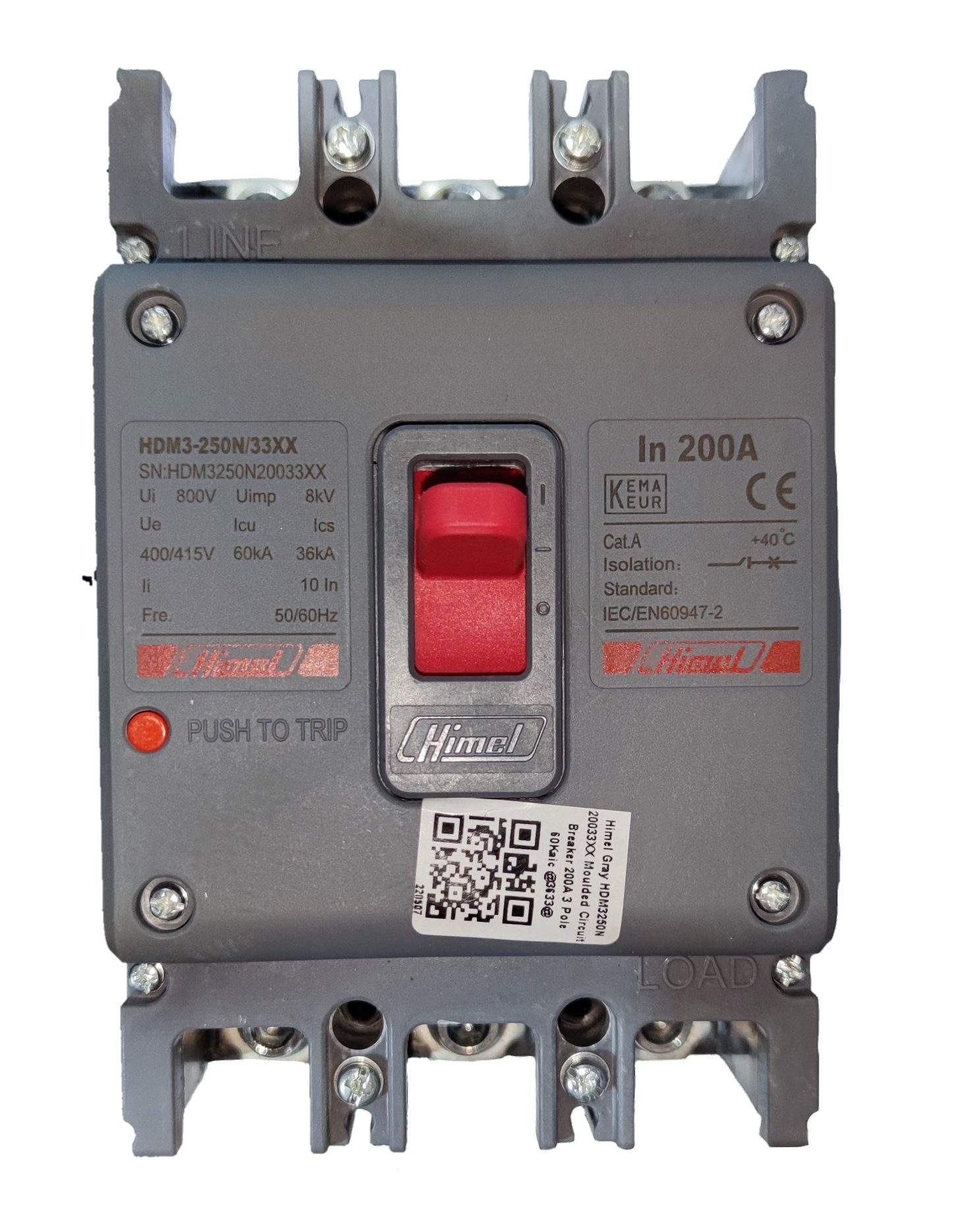 Himel 200A industrial circuit breaker with red switch and detailed specification labels