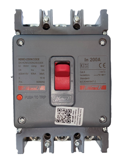 Himel 200A industrial circuit breaker with red switch and detailed specification labels
