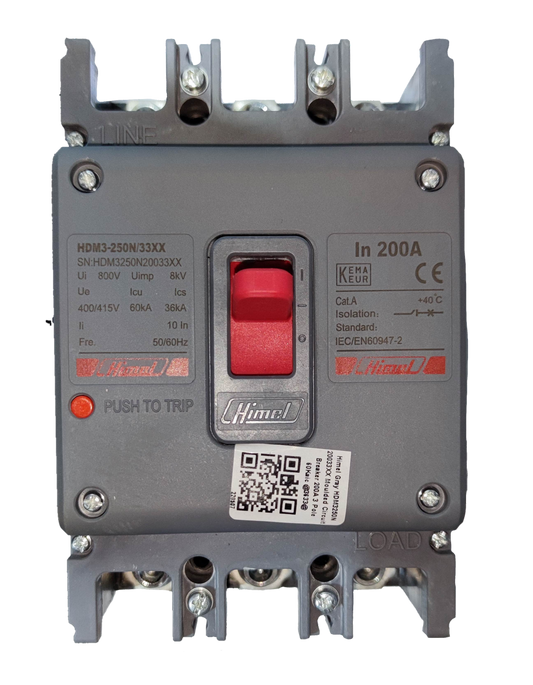 Himel 200A industrial circuit breaker with red switch and detailed specification labels