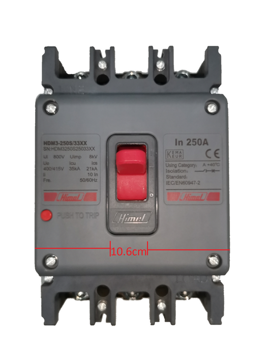 Himel 250A Industrial Circuit Breaker 3 Pole with red switch and gray casing for electrical protection