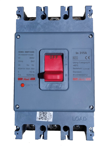 Himel 315A Industrial Circuit Breaker 3 Phase with red switch and gray casing for electrical protection