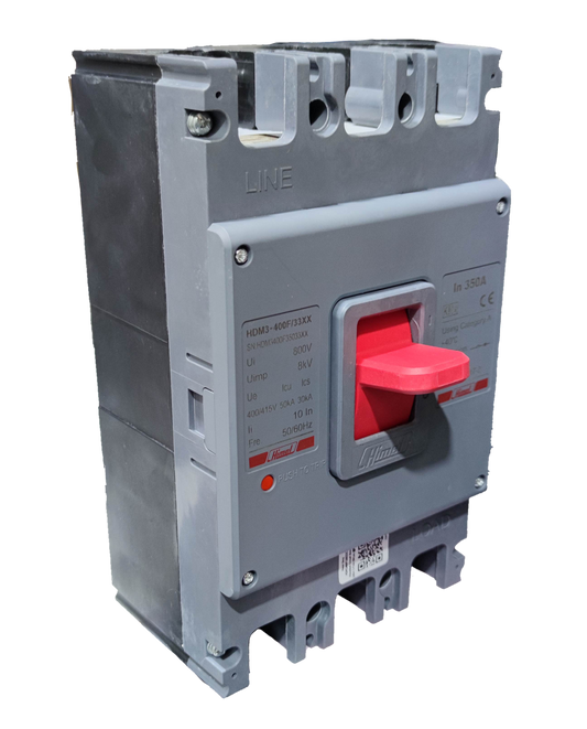 Himel 350A Industrial Circuit Breaker 3 Phase with red switch and gray casing for electrical protection