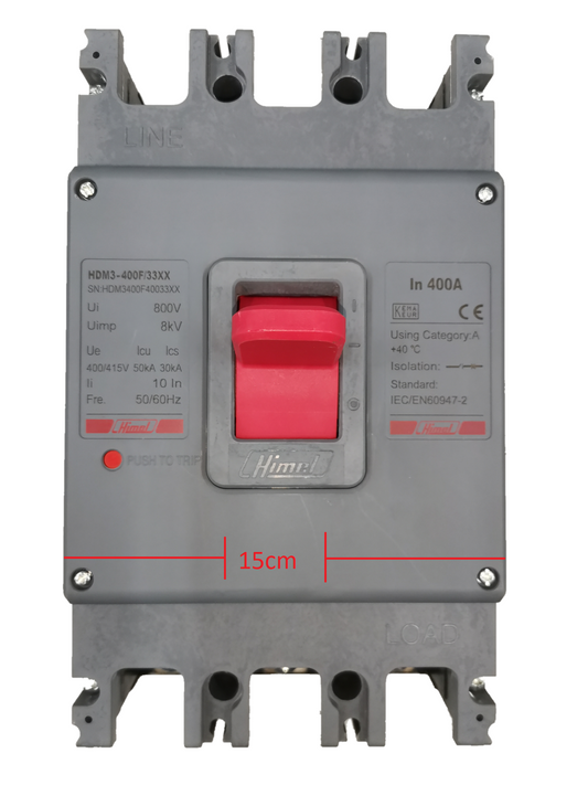 Himel 400A Industrial Circuit Breaker 3 Pole 35Kaic with red switch and gray casing