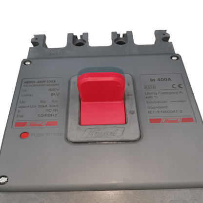 Himel 400A Industrial Circuit Breaker 3 Pole 35Kaic with red toggle switch and gray casing
