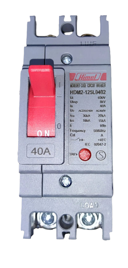 Himel 40A 2 Pole Molded Case Circuit Breaker with red switch and gray casing